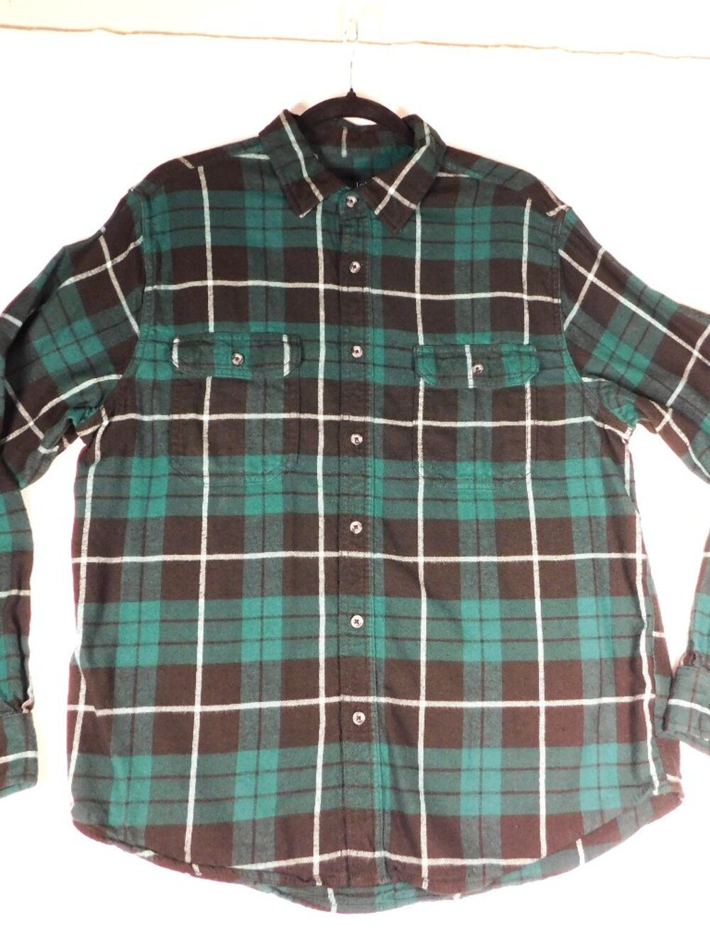 George Men's Large (42-44) Long Sleeve Green/Black Plaid Button  Flannel Shirt